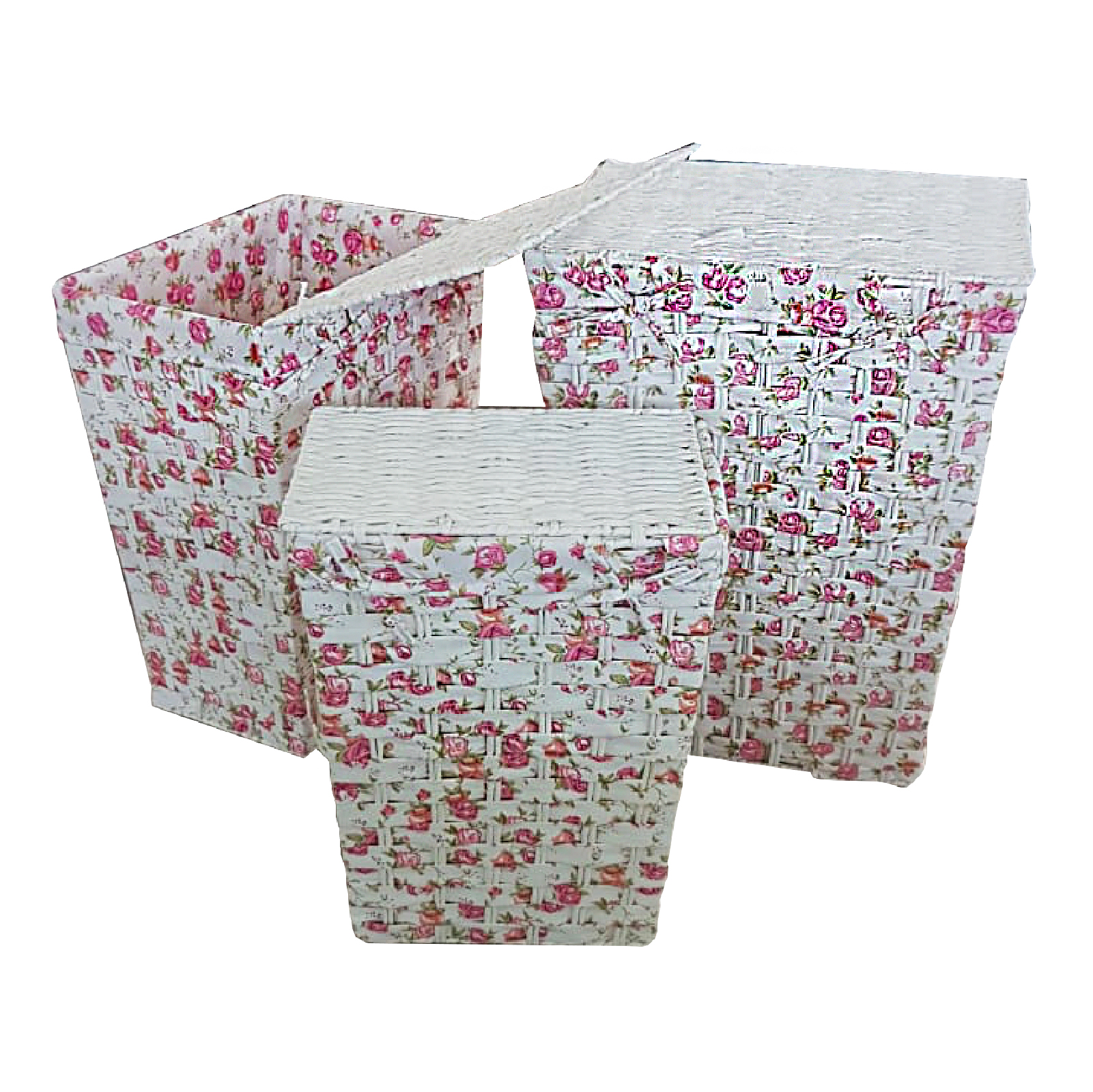 Set Of 3 Storage Baskets Bamboo And Fabric Roses, SK243 